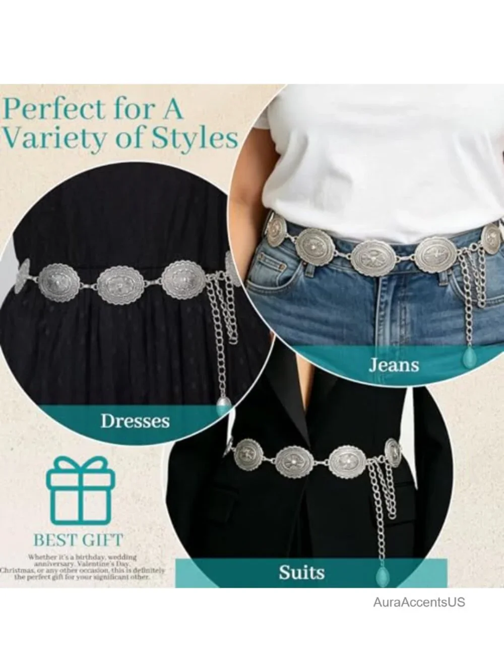 Retro Turquoise Concho Waist Chain Belt, Western Metal Belt, Adjustable for